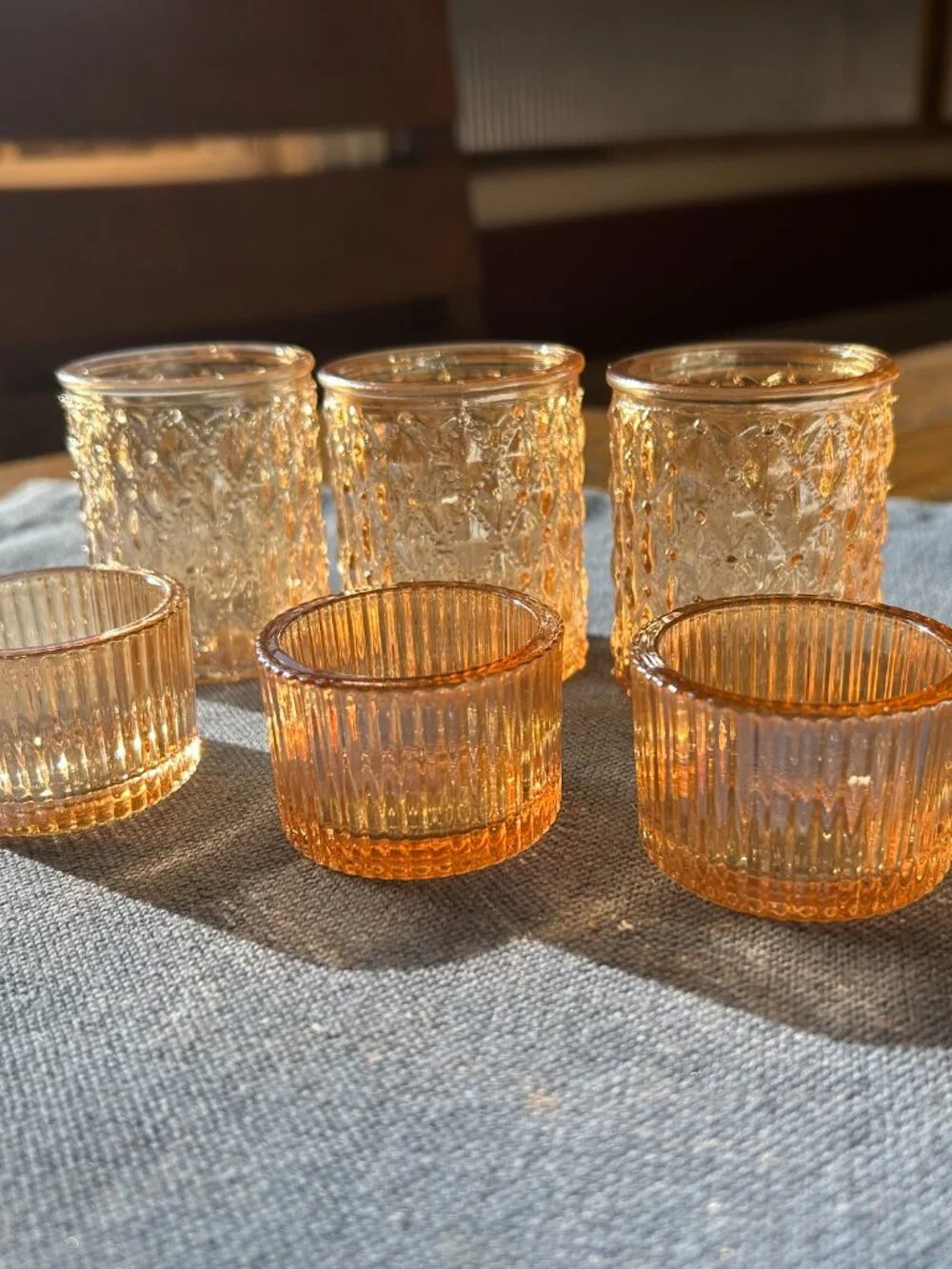 Amber glass votives 3 diamond cut 2.5 in tall 4 line cut 1.5 in t